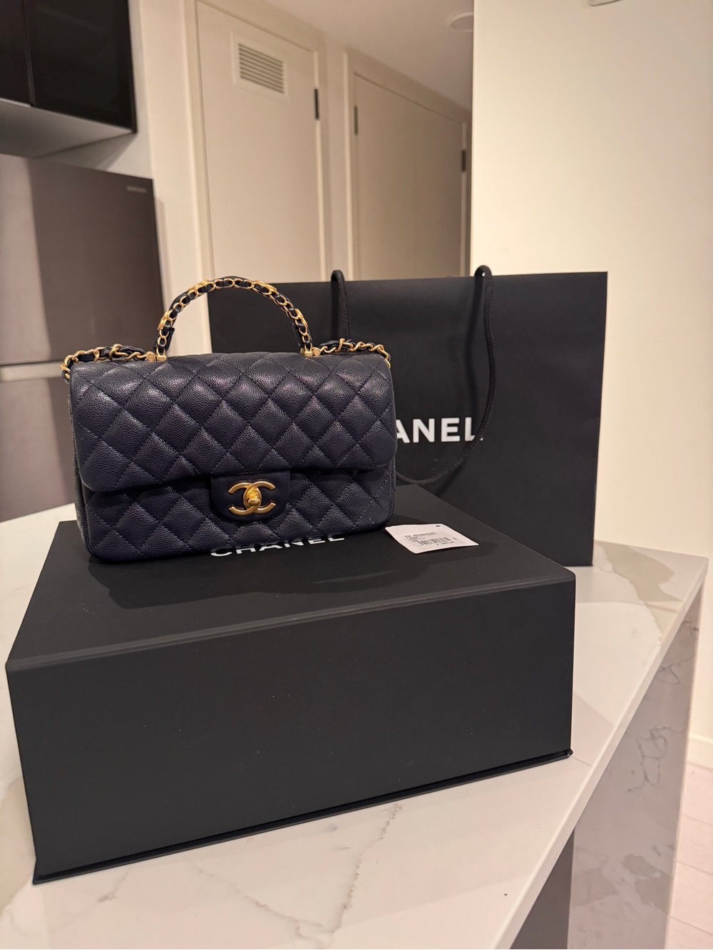 Brand New CHANEL Quilted Mini Top Handle Bag in Navy with Gold Hardware